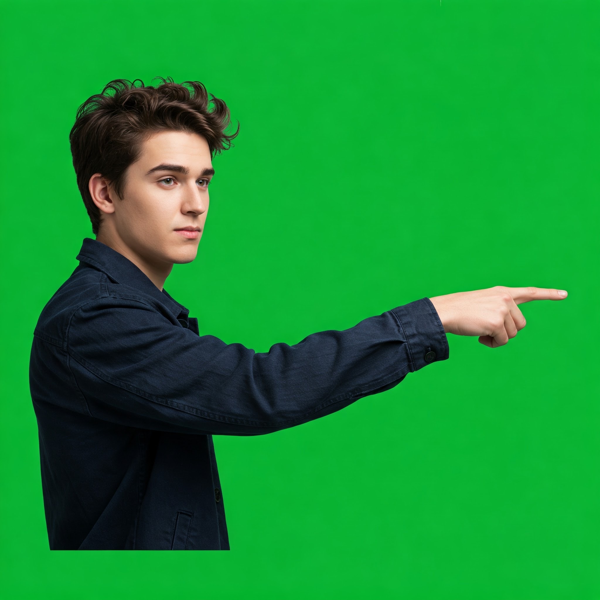 photo of Young Man in Dark Shirt Pointing Right Against Green Screen